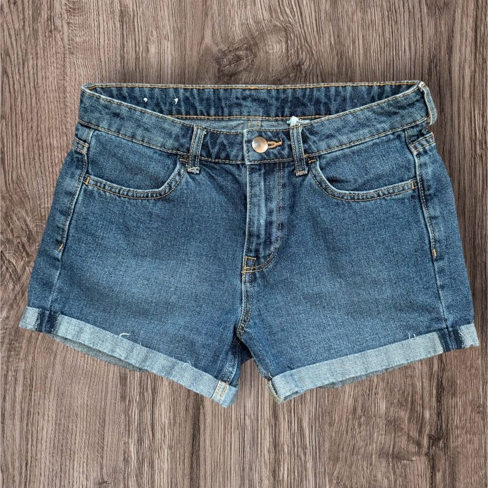 H&M &Denim Blue Cuffed Jean Shorts Regular Mid Rise Distressed Summer Size 4